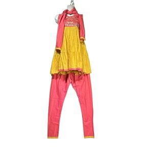 Nupur Women's Salwar Kmaeez Indian Ethnic Kurta Pant Set Yellow Pink Size 34